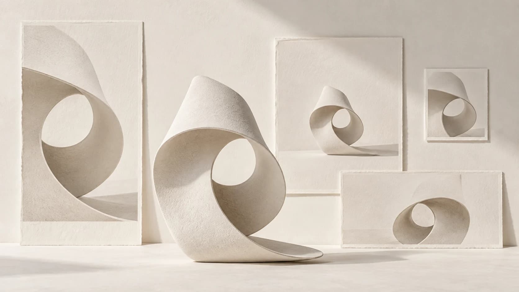 One white ribbon sculpture repeated consistently across several differently proportioned frames