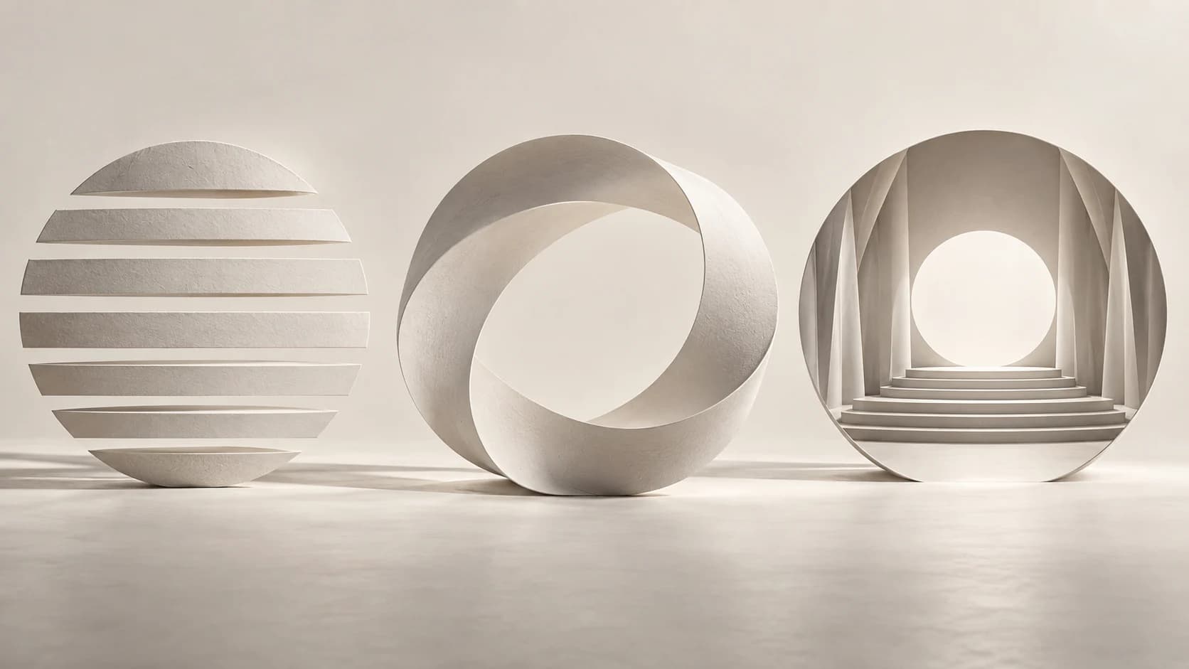 Three white sculptural forms representing text, a continuous loop, and a cinematic stage