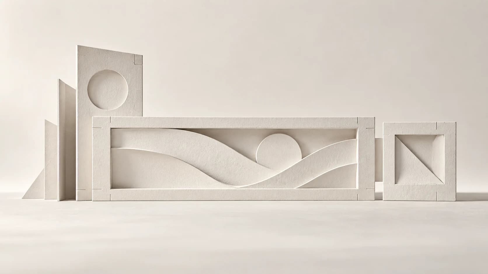 White sculptural frames representing one music release adapted into several visual formats