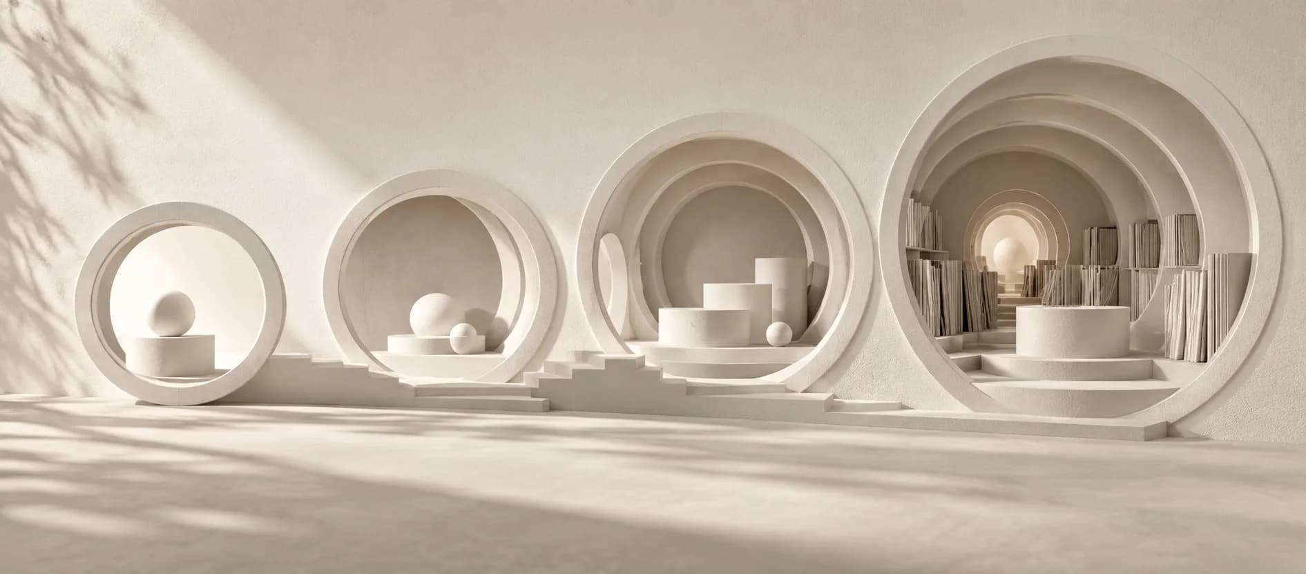 A sequence of expanding white circular chambers representing one video watch leading into deeper listening