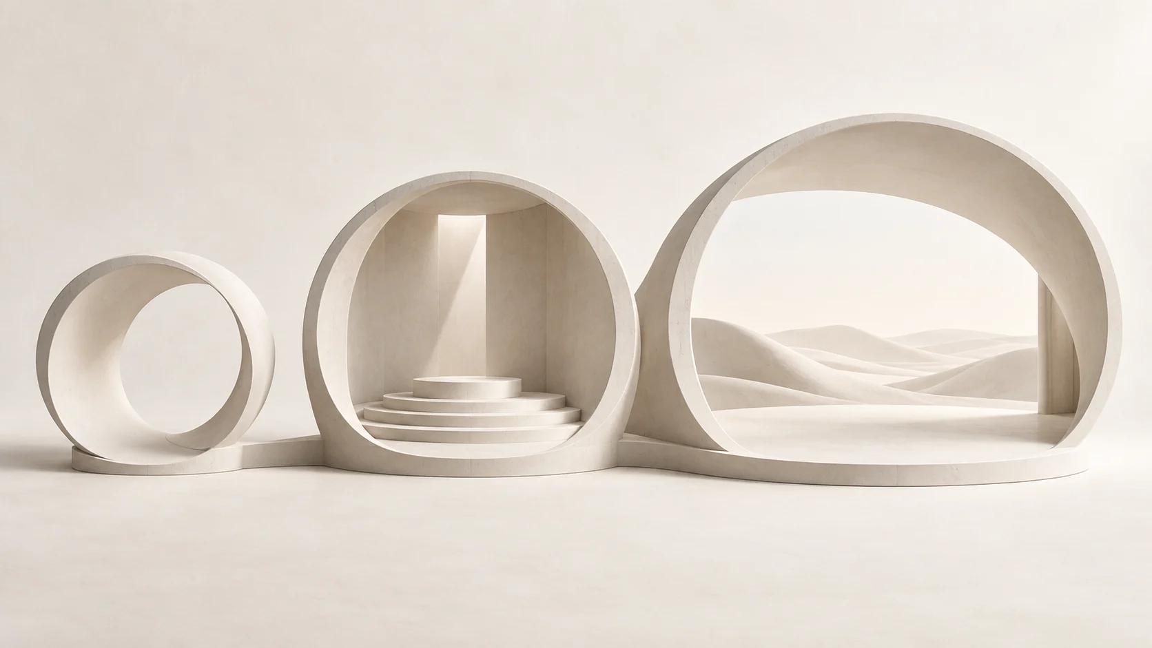Three connected white sculptural stages representing a loop, anticipation, and a wide video