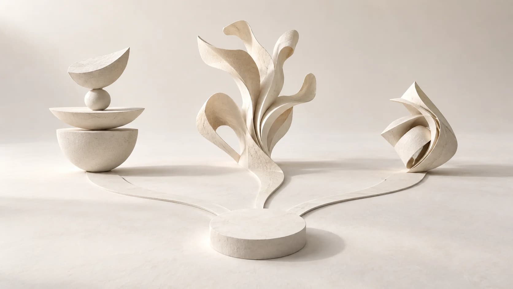 Three distinct white sculptures converging toward one circular release form