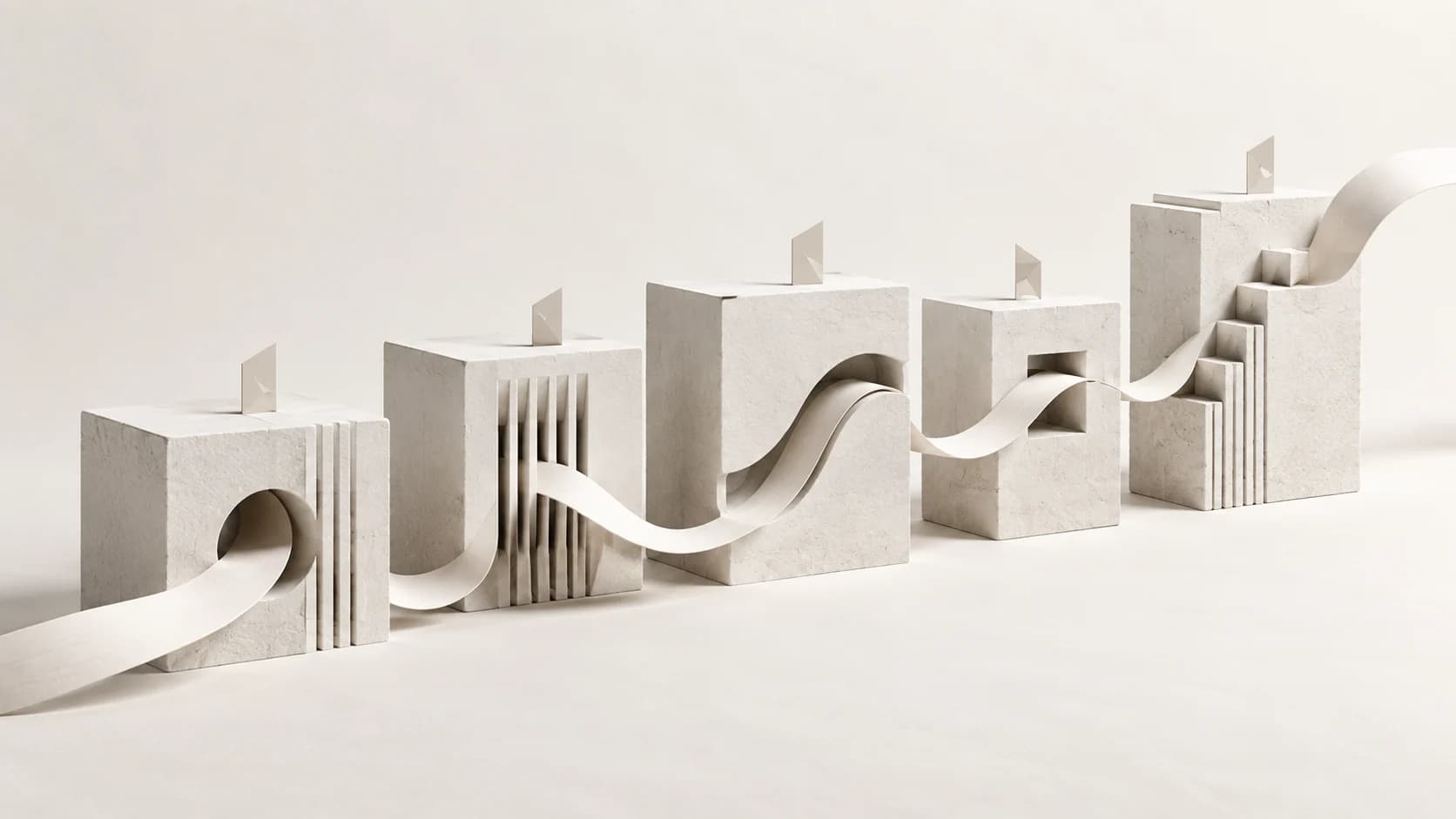 A continuous white ribbon moving through five sculptural measurement blocks